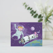 宇宙遊歩中のカップルがお茶を楽しむ ポストカード (スタンド正面)