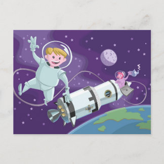 宇宙遊歩中のカップルがお茶を楽しむ ポストカード