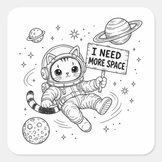 宇宙遊泳中の猫の宇宙飛行士 もっとスペースが欲しい スクエアシール (正面)