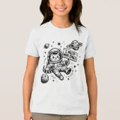 宇宙遊泳中の猫の宇宙飛行士 もっとスペースが欲しい トライブレンドTシャツ (正面)