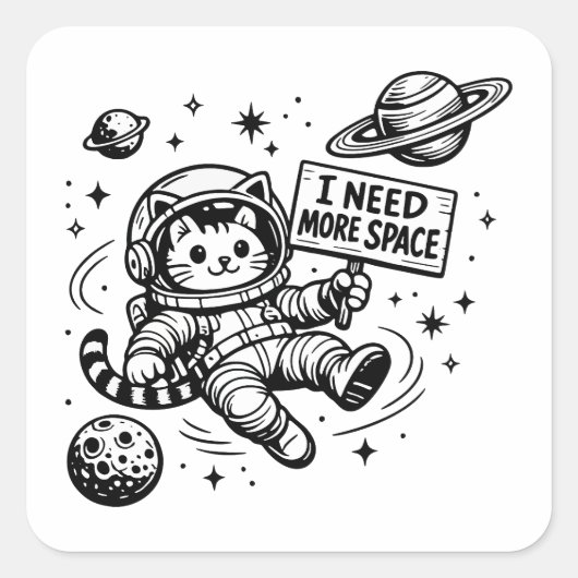宇宙遊泳中の猫宇宙飛行士 もっとスペースが欲しい スクエアシール (正面)