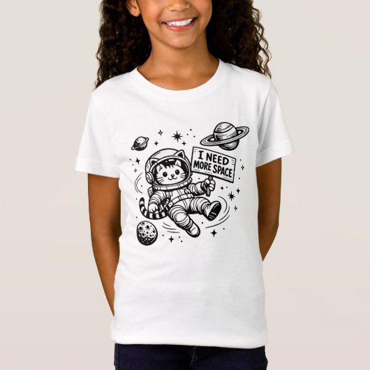 宇宙遊泳中の猫宇宙飛行士 もっとスペースが欲しい Tシャツ (正面)