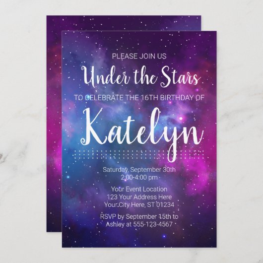 宇宙銀河系アンダーザスターズティーンエイジ誕生日 招待状 (正面/裏面)