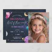 宇宙銀河系ガール第3第5第6第7第8フォト誕生日 招待状 (正面/裏面)