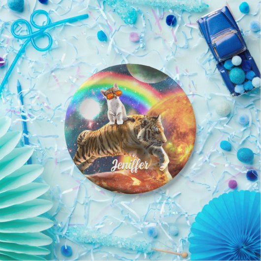 宇宙銀河系キャットライディングタイガーオンピザ ペーパープレート (パーティー)