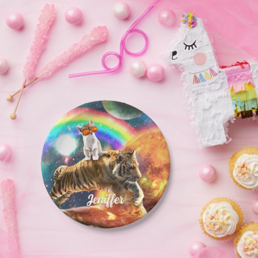 宇宙銀河系キャットライディングタイガーオンピザ ペーパープレート (パーティー)