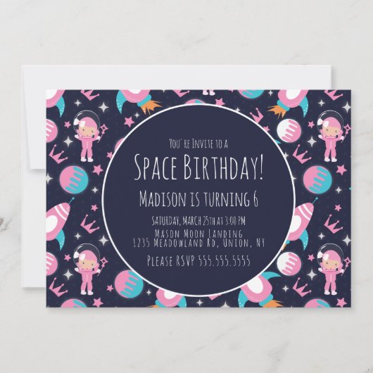 宇宙銀河系ピンクプリンセス宇宙飛行士誕生日 招待状 (正面)