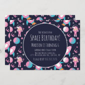 宇宙銀河系ピンクプリンセス宇宙飛行士誕生日 招待状 (正面/裏面)