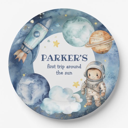 宇宙銀河系ファーストのまわりにトリップザサン誕生日 ペーパープレート (正面)