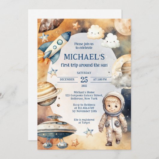宇宙銀河系ファーストのまわりにトリップザサン誕生日 招待状 (正面/裏面)