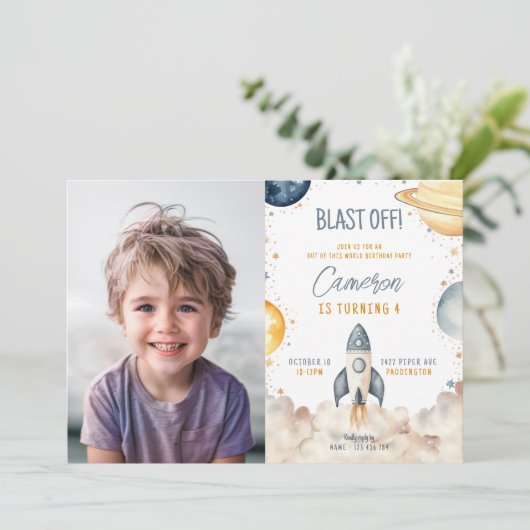 宇宙銀河系ロケット船写真誕生日パーティー 招待状 (スタンド正面)