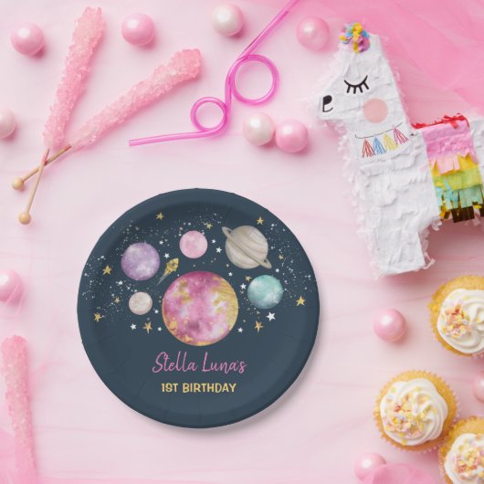 宇宙銀河系惑星ムーンスターネイビーピンク金ゴールド ペーパープレート (パーティー)