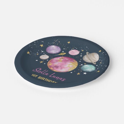 宇宙銀河系惑星ムーンスターネイビーピンク金ゴールド ペーパープレート (アングル)