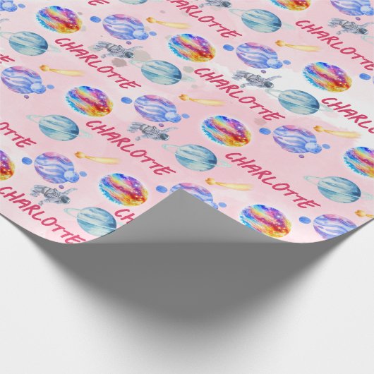 宇宙銀河系惑星月星ベビーガール誕生日 ラッピングペーパー (角)