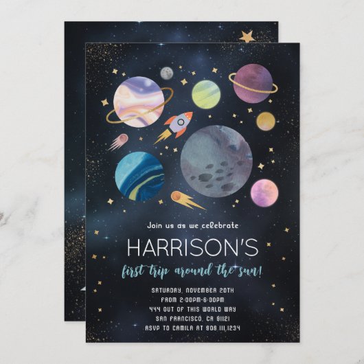 宇宙銀河系惑星誕生日招待状 招待状 (正面/裏面)