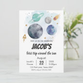 宇宙銀河系水の色の惑星ロケット1st誕生日 招待状 (スタンド正面)