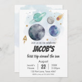 宇宙銀河系水の色の惑星ロケット1st誕生日 招待状 (正面/裏面)