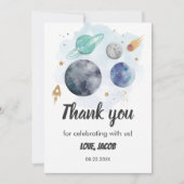 宇宙銀河系水色惑星ロケット1回目の誕生日 サンキューカード (正面)