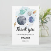 宇宙銀河系水色惑星ロケット1回目の誕生日 サンキューカード (スタンド正面)