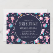 宇宙銀河 ピンクのお姫様 宇宙飛行士の誕生日 招待状 (正面)