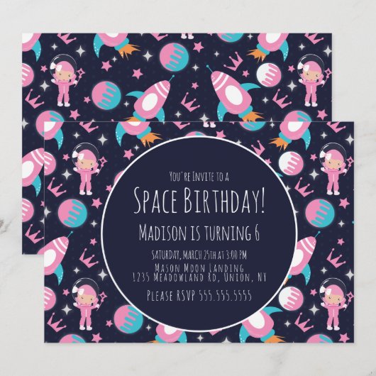宇宙銀河 ピンクのお姫様 宇宙飛行士の誕生日 招待状 (正面/裏面)
