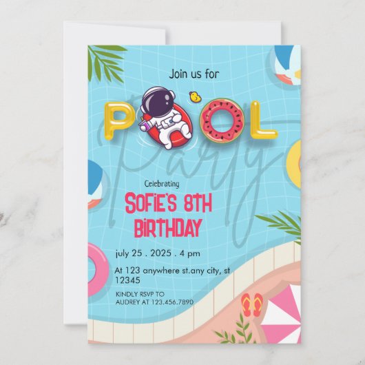 宇宙飛行士おもしろいプールパーティー誕生日 招待状 (正面)