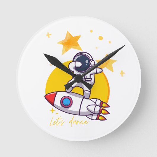 宇宙飛行士がロケットで踊る ラウンド壁時計 (正面)