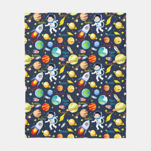 宇宙飛行士が名前を追加Spaceship Planets Blast Off フリースブランケット (正面)