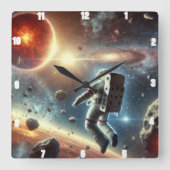 宇宙飛行士が宇宙を探検 スクエア壁時計 (正面)