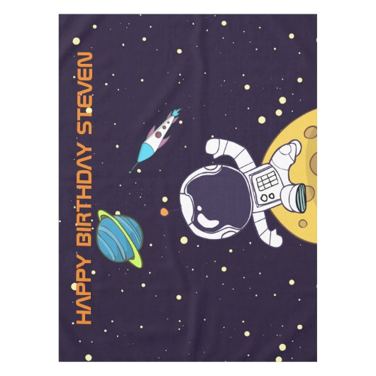 宇宙飛行士が宇宙空間を探検する誕生日 テーブルクロス (正面)