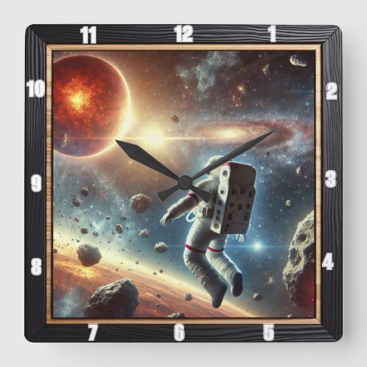 宇宙飛行士が宇宙遠距離惑星を探索 スクエア壁時計 (正面)