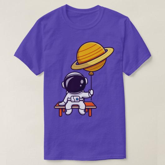 宇宙飛行士が座って地球バルーンを保持する可愛い Tシャツ (デザイン正面)