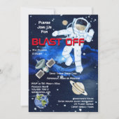 宇宙飛行士が惑星と一緒に浮かぶ少年たち向けの宇宙スペースパーティー 招待状 (正面)