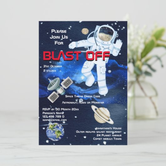 宇宙飛行士が惑星と一緒に浮かぶ少年たち向けの宇宙スペースパーティー 招待状 (スタンド正面)