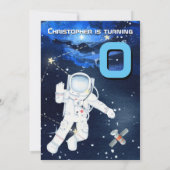 宇宙飛行士が惑星と一緒に浮かぶ少年たち向けの宇宙スペースパーティー 招待状 (裏面)