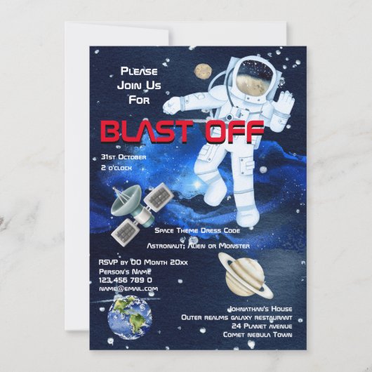 宇宙飛行士が惑星と共に浮かぶ少年たちへの宇宙スペースパーティー 招待状 (正面)