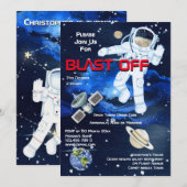 宇宙飛行士が惑星と共に浮かぶ少年たちへの宇宙スペースパーティー 招待状 (正面/裏面)