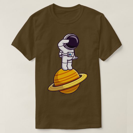 宇宙飛行士が惑星の漫画の上に立って Tシャツ (デザイン正面)