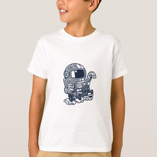 宇宙飛行士が月面車を運転するキャラクターTシャツ Tシャツ (正面)