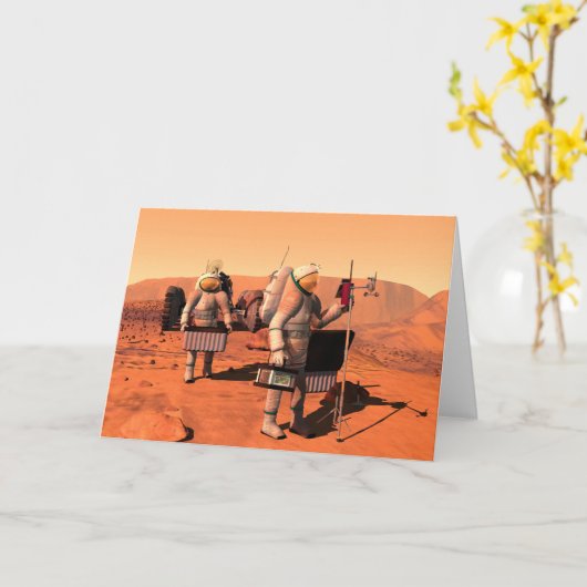 宇宙飛行士が火星に気象機器を設置する。 カード (黄色い花)