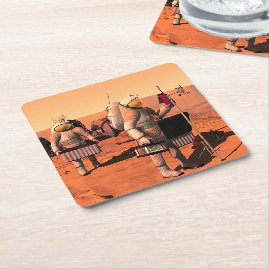 宇宙飛行士が火星に気象機器を設置する。 スクエアペーパーコースター (アングル)