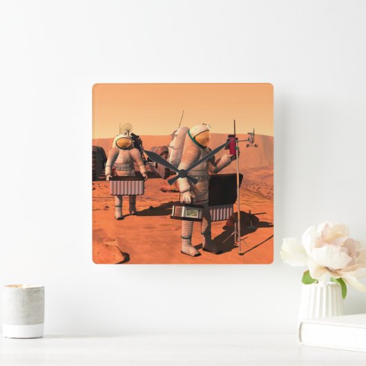 宇宙飛行士が火星に気象機器を設置する。 スクエア壁時計 (ホーム)