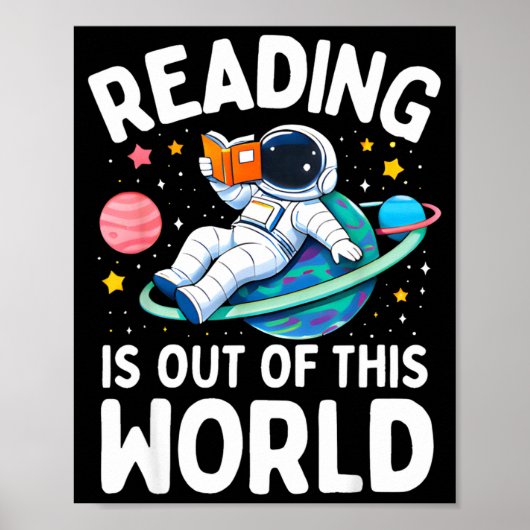 宇宙飛行士が読書中 宇宙をテーマにしたデザイン ポスター (正面)
