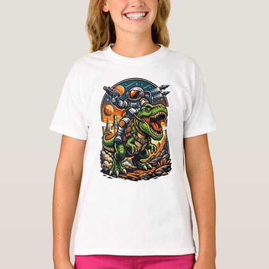 宇宙飛行士がTレックスに乗る - エピックスペースダイナソア Tシャツ (正面)