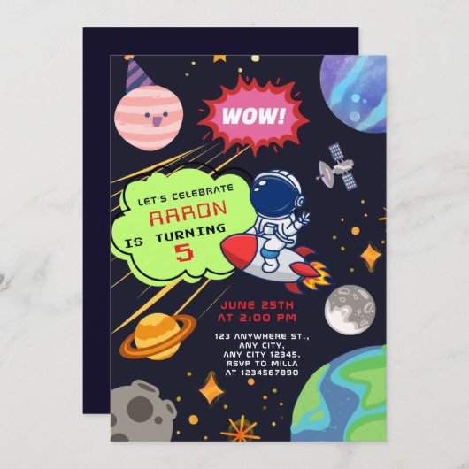 宇宙飛行士との宇宙誕生日の冒険 招待状 (正面/裏面)
