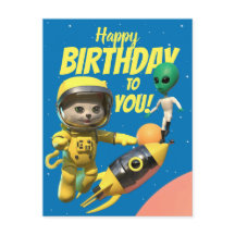 宇宙飛行士とエイリアンの楽しい誕生日ポストカード