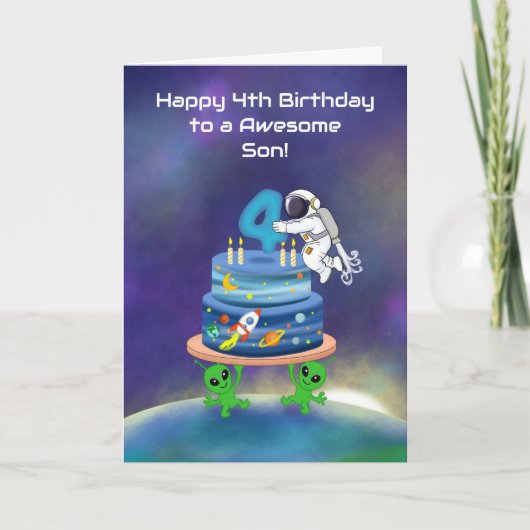 宇宙飛行士とケーキでお祝い！息子のハッピーバースデー4歳 カード (正面)