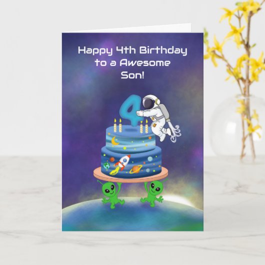 宇宙飛行士とケーキでお祝い！息子のハッピーバースデー4歳 カード (黄色い花)