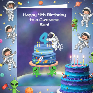 宇宙飛行士とケーキでお祝い!息子のハッピーバースデー4歳 カード