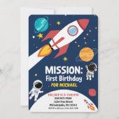 宇宙飛行士とロケットの1歳の誕生日 招待状 (正面)